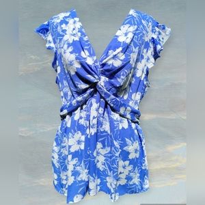 Pleione Blue Floral XL Tunic Blouse NWT